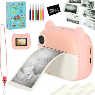 Momentinis fotoaparatas terminis spausdintuvas + kasetės kortelė 32GB rožinis meškiukas