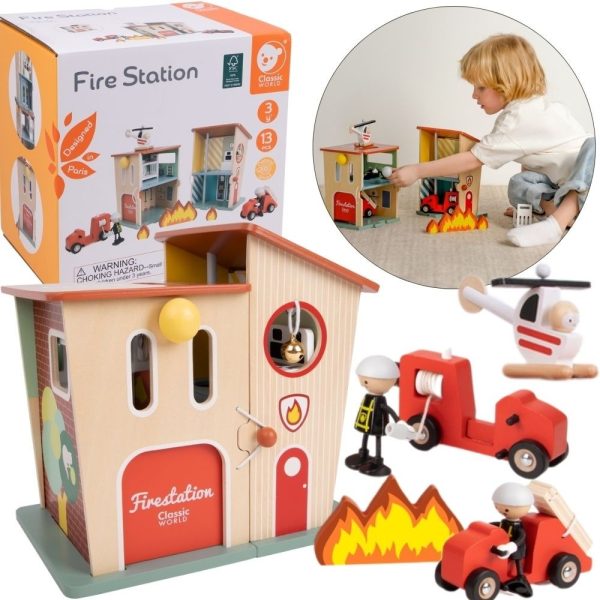 CLASSIC WORLD Wooden Fire Station Garage Car Helicopter Figures 13pcs.