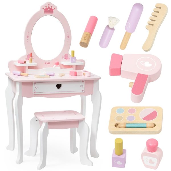VIGA-Large-Wooden-Dressing-Table-in-White-and-Pink-with-Mirror-and-Chair VIGA Large Wooden Dressing Table in White and Pink with Mirror and Chair