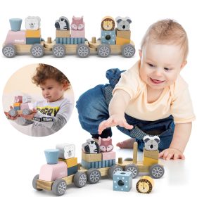 VIGA PolarB Wooden Train with Carriages and Animals for Montessori Stacking