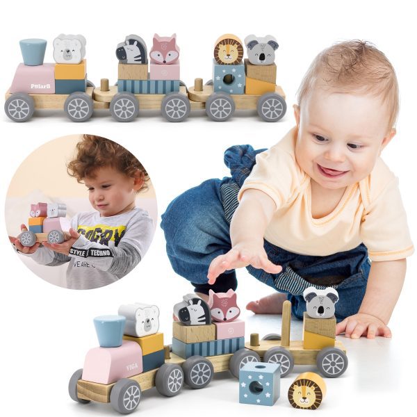 VIGA PolarB Wooden Train with Carriages and Animals for Montessori Stacking