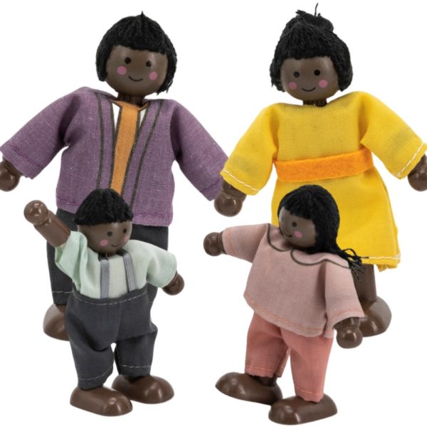 VIGA-Set-of-Wooden-Dolls-with-Cloth-Clothes-4-pcs.-Dark-Skin VIGA Set of Wooden Dolls with Cloth Clothes