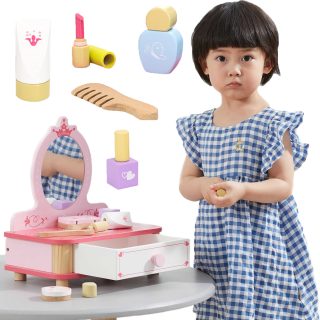 VIGA Wooden Pink Makeup Table with Mirror + Accessories