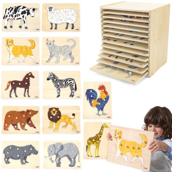 VIGA Wooden Puzzle Set 12 Montessori Animal Puzzles + Stand