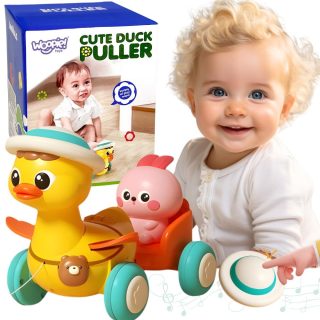 WOOPIE BABY Yellow Duck with Pink Bunny in Pull-Along Trailer