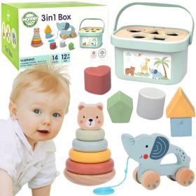 WOOPIE GREEN Sorter Box 3in1 Blocks Pyramid Elephant FSC