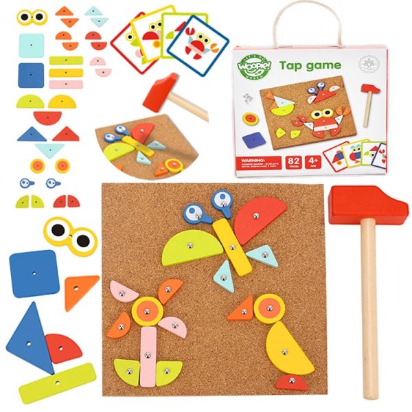 WOOPIE GREEN Wooden Nailing Hammer Puzzle 20 Patterns 82 Pieces FSC Certified