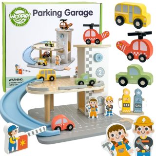 WOOPIE GREEN Wooden Parking Garage 2 in 1 Gas Station with Cars and Figures 12 pcs FSC