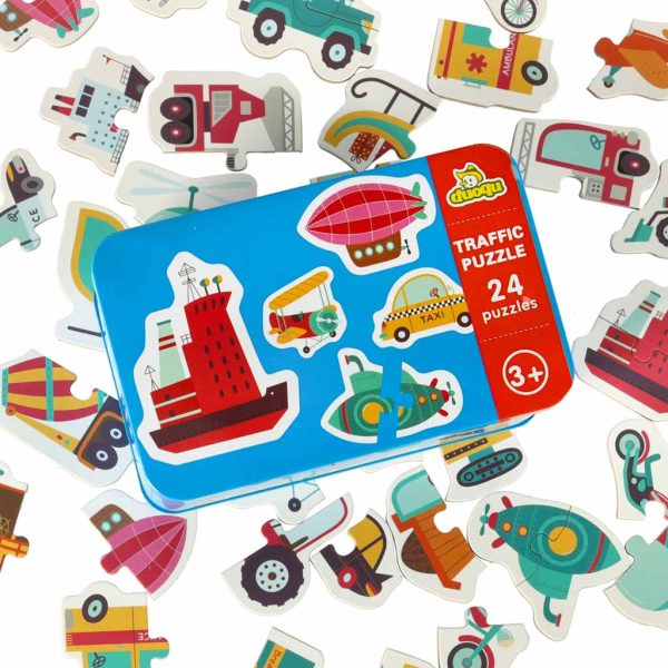 Dėlionės skardinėje transporto priemonėse 24 dėlionėsŽaislai/Dėlionės vaikams Dėlionės skardinėje transporto priemonėse 24 dėlionės