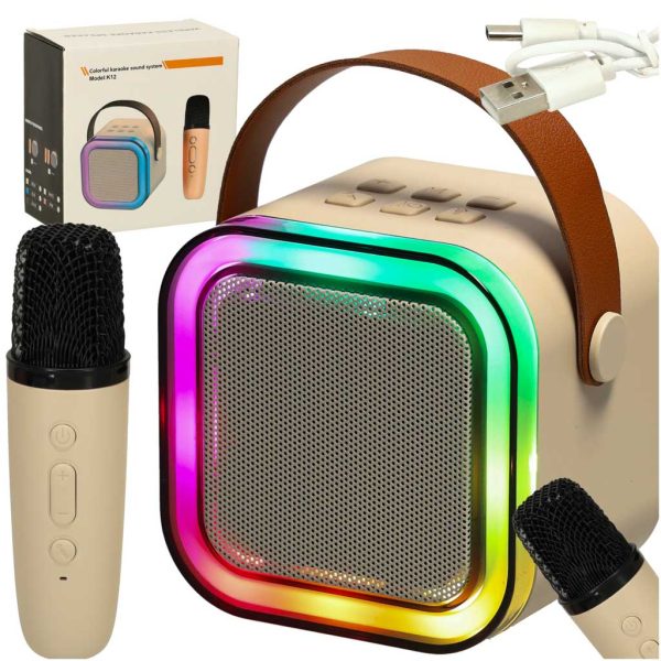 Karaokės rinkinys "Bluetooth" garsiakalbis mikrofonas USB LED smėlio spalvos