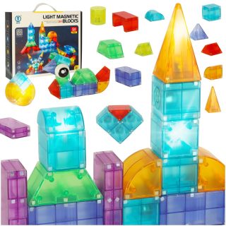 Magnetinės konstrukcijos plytos šviečiančios 3D figūros 64 el.