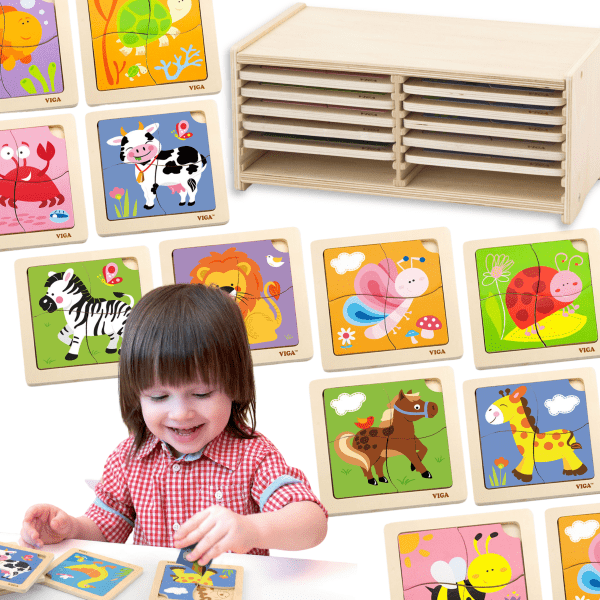 VIGA-Wooden-Puzzle-12-boards-4-puzzles-each-in-a-stand VIGA Wooden Puzzle 12 boards