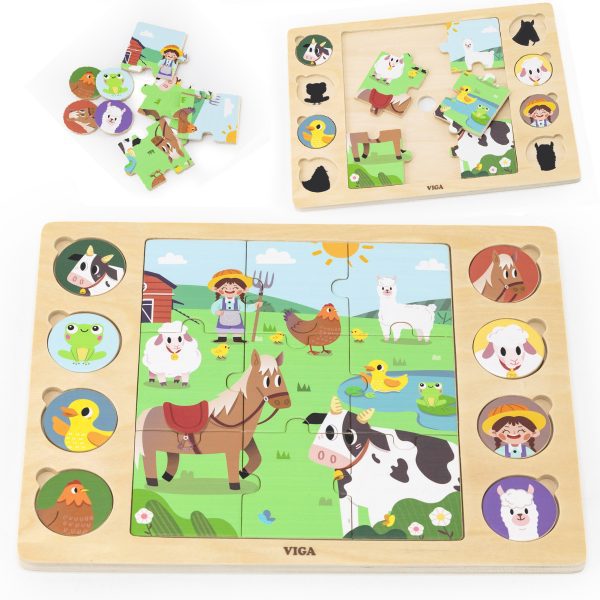 VIGA Wooden Puzzle Guess the Shadow - Farm Puzzle 17 pieces