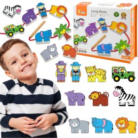 VIGA Wooden Threading Game Intertwining Blocks Safari ZOO Montessori