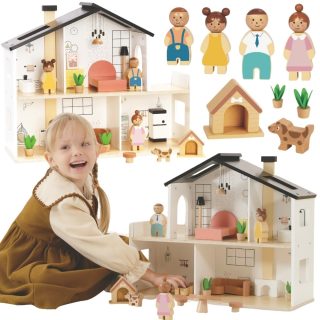 TOOKY TOY Wooden Dollhouse with Accessories and Family 20 pcs.