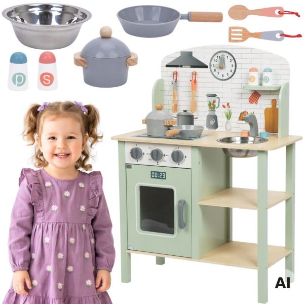 TOOKY TOY Green Wooden Kitchen with Accessories